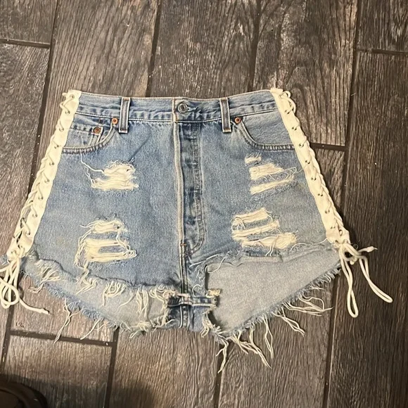 Furst Of A Kind Upcycled Vintage Lace Up High Waist Sasson Blue Denim Shorts - Picture 6 of 8